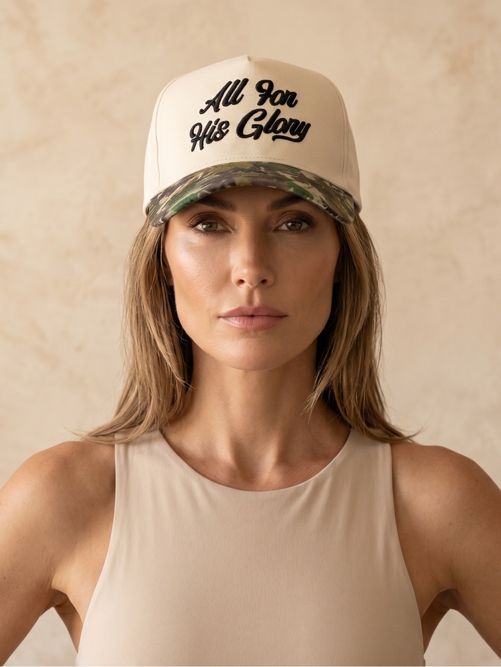 All For His Glory Cream & Camouflage Trucker Cap with Embroidered Graphic